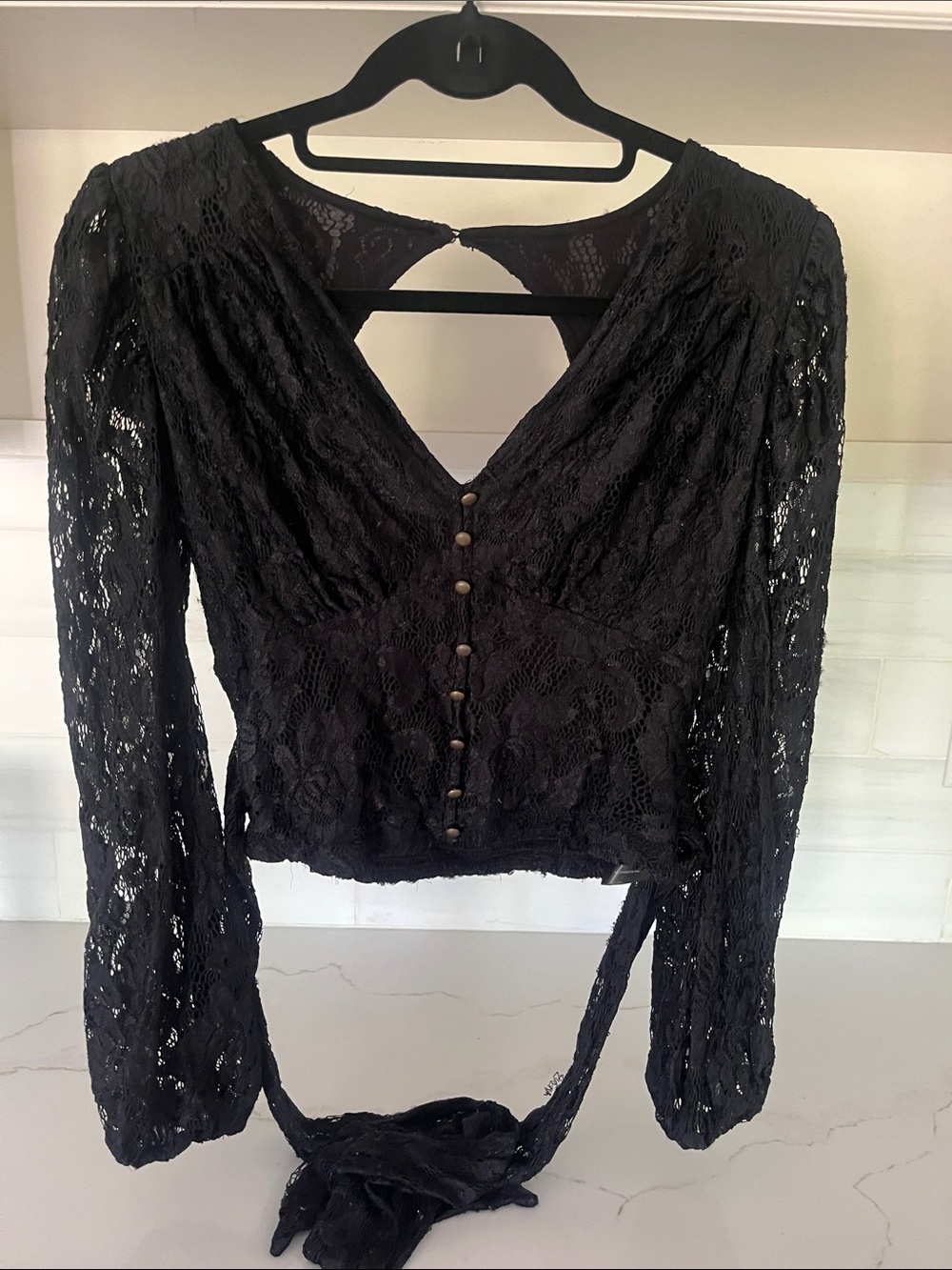 Anthropologie Black Lace Crop Ballon Sleeve Blouse size XS - Picture 3 of 9